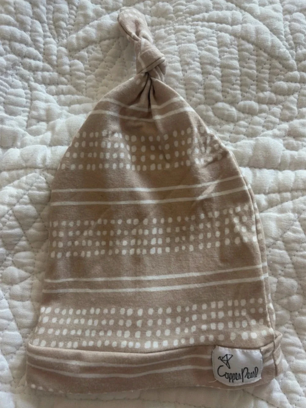 Copper Pearl Tan Dot Stripe Knot Baby Hat